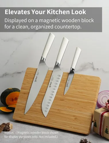 Vista 7 de Juego de cuchillos de chef de 3 piezas, acero inoxidable alemán, mango ergonómico blanco marfil, juego de cuchillos de cocina de diseño de espiga