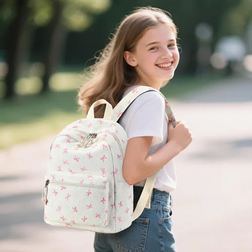 Vista 3 de LEDAOU Mini mochila para niñas, bonita mochila pequeña para mujeres, adolescentes, niños, escuela, viajes, bolso de hombro, Lazo rosado, Pequeño