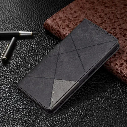 Vista 6 de Funda con tapa para Xiaomi Redmi Note 10 4G/Note 10S, patrón de rombos de cuero de primera calidad, función atril, cierre magnético, color negro