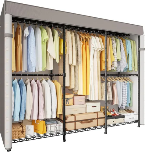 Vista 17 de ULIFHOME E14C - Sistema organizador de armario resistente, estantes de ropa independientes para colgar ropa, perchero ajustable de 70.1 pulgadas
