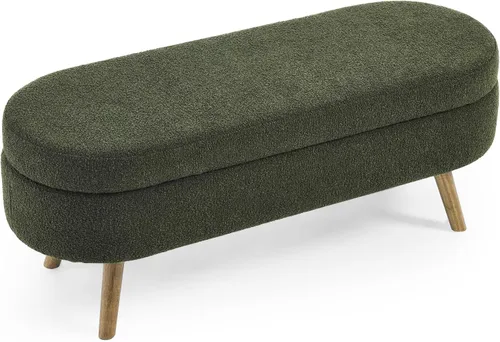 Vista 4 de Banco de almacenamiento ovalado otomano, taburete con patas de madera de goma para sala de estar, entrada y dormitorio (verde)