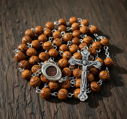 Vista 6 de Nazareth Store Rosario de madera de olivo con cuentas talladas a mano Collar de cuentas Medalla de centro de mesa de suelo sagrado de Jerusalén