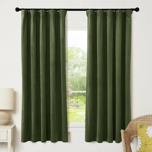 Vista 9 de RYB HOME Cortinas elegantes de terciopelo verde de 63 pulgadas de largo, bloqueo de luz, aislamiento térmico, elegantes cortinas de terciopelo
