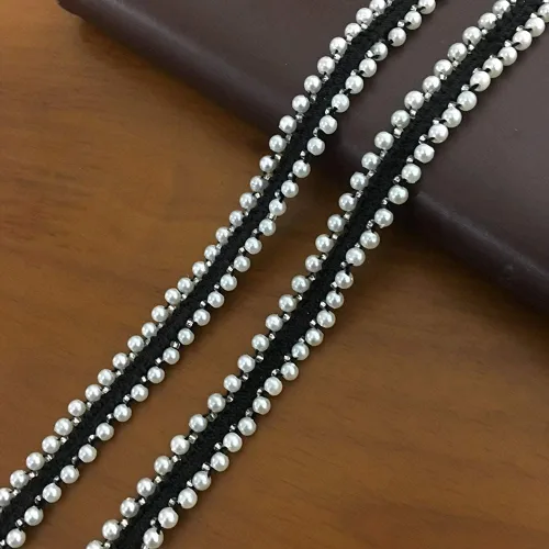 Vista 6 de FQTANJU 5 yardas de cinta de encaje con perlas de imitación y apliques de perlas para flecos para decoración de fiesta de boda, decoración