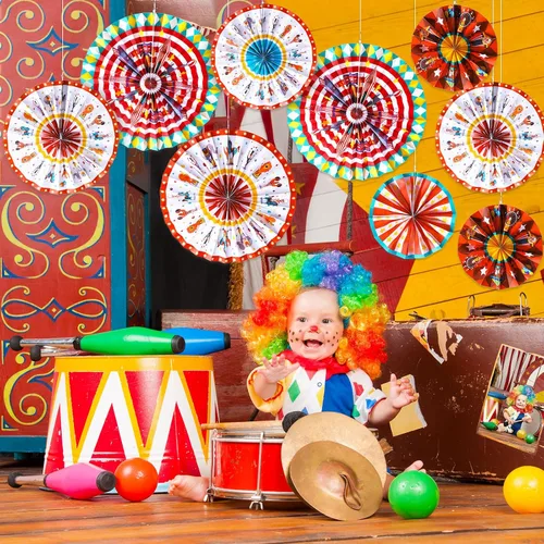 Vista 4 de Outus 9 abanicos de papel colgantes de carnaval, decoración de animales de circo, abanicos de papel para decoración de aula, carnaval, tema