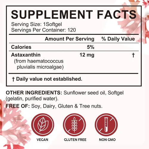 Vista 2 de Astaxantina 12 mg, 120 cápsulas blandas – Suministro para 4 meses, suplementos de astaxantina, suplemento antioxidante que apoya los ojos