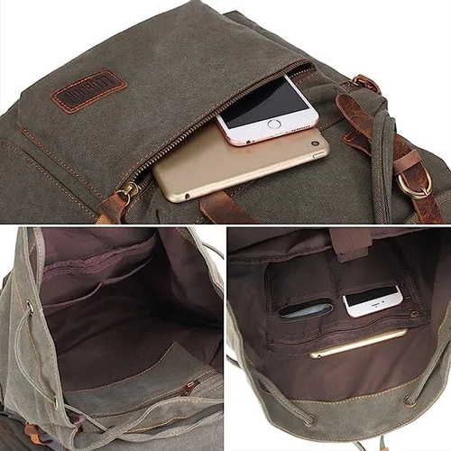 Vista 8 de Bluboon Mochila vintage con ribete de cuero casual para hombres y mujeres, mochila de viaje para computadora portátil