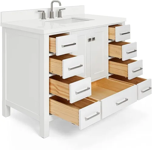 Vista 4 de ARIEL Cambridge - Mueble de baño de 42 pulgadas con fregadero, madera maciza, encimera y protector contra salpicaduras de cuarzo blanco puro de 1.5