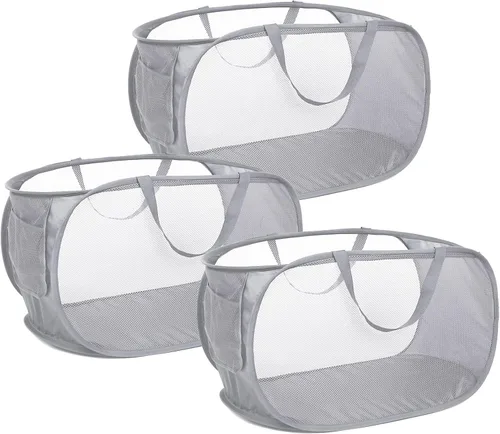 Vista 20 de Cestas de lavandería plegables duraderas, cesta de lavandería desplegable de malla con bolsillo lateral, cesta de ropa plegable con asas