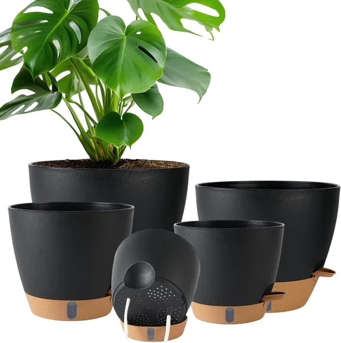 Vista 16 de Paquete de 5 macetas de riego automático de 6 pulgadas para plantas de interior, macetas pequeñas de plástico con indicador de nivel de agua
