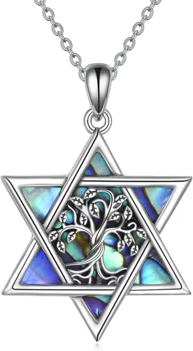 Vista 44 de YFN Collar de estrella de David de plata de ley, concha de abulón, árbol de la vida, joyería judía, regalos para mujeres y hombres