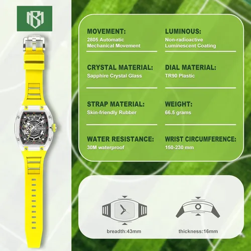 Vista 2 de MINBER Reloj automático de esqueleto, esfera de 1.693 in con manecillas luminosas, reloj de cuerda automática, resistente al agua 3 ATM, plástico