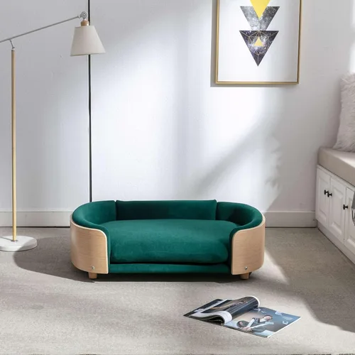 Vista 4 de Cama de terciopelo para perro, sofá para mascotas con patas de madera maciza y respaldo de madera doblada, cojín resistente a las manchas en varios