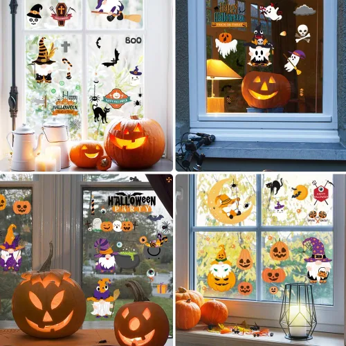 Vista 7 de AUAUY Decoración de ventana de Halloween, 9 hojas, 70 unidades, calcomanías para ventana, imágenes de ventana de doble cara con calabaza