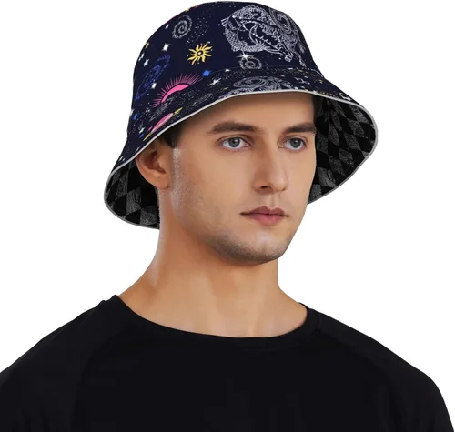 Vista 8 de Sombrero de pescador con constelación del zodiaco y escorpio, sombreros de pescador de viaje de verano de doble cara para mujeres y hombres