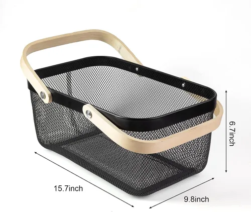 Vista 3 de Cesta portátil de cosecha de jardín, diseño de malla, cesta de almacenamiento de alambre con mango de bambú natural, cesta de malla con asa