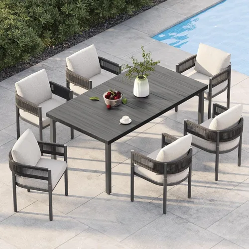 Vista 31 de Juego de comedor al aire libre Grand Patio de 5 piezas para 4, sillas de patio fijas de mimbre tejido metálico con cojines engrosados y 1 mesa
