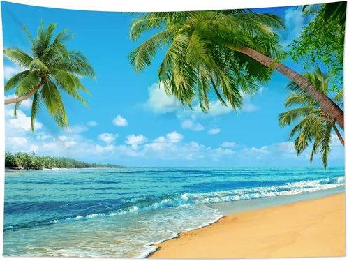 Vista 4 de HVEST Tapiz de playa para colgar en la pared, paisaje tropical azul océano, tapiz natural para dormitorio, palmera verde con cielo azul, nube