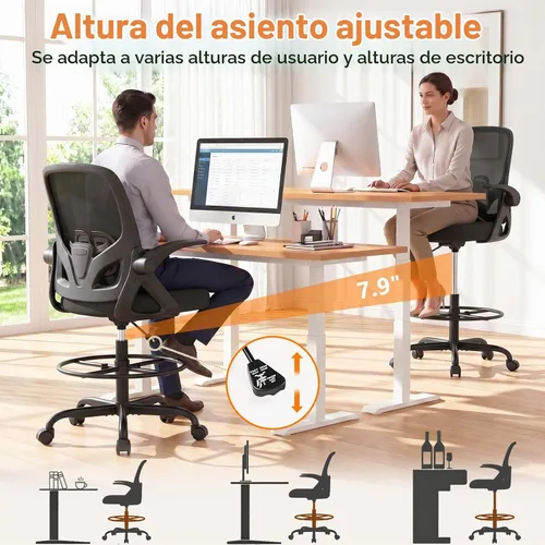 Vista 4 de ORRSAKER Silla de Dibujo Alta con Soporte Lumbar y Anillo Reposapiés, Silla de Escritorio Ergonómica Alta de Apoyo de Altura Extendida para Trabajo