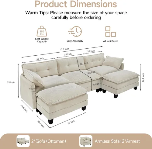 Vista 2 de Amsleekey Sofá Seccional Modular, 111.5" en Forma de U de Pana Cómodo Sofás Seccionales para Sala de Estar, Sofás Nube de 3 Plazas con 2 Otomanas