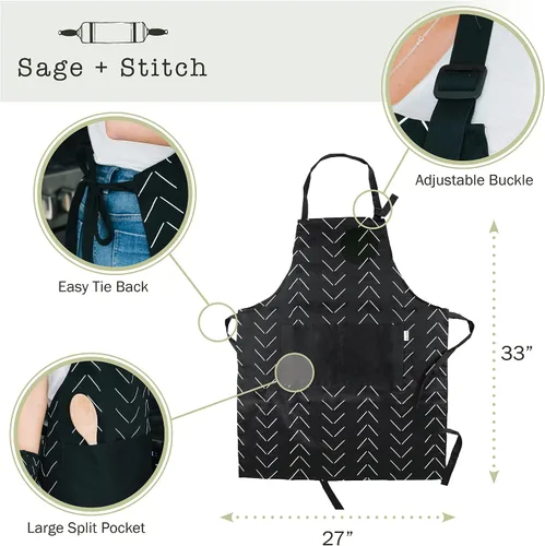 Vista 2 de Adjustable Designer Kitchen Apron for Adults Cotton Cooking Apron with Pockets and Adjustable Neck Buckle