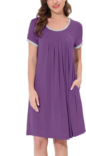 Vista 5 de cheibear Camisones de pijama para mujer, ropa de dormir, color sólido, cuello redondo