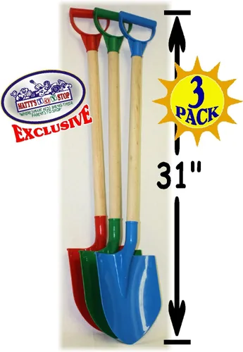 Vista 6 de Matty's Toy Stop Palas de arena de madera resistente de 31 pulgadas con pala y mango de plástico (rojo, azul y verde) paquete completo de regalo