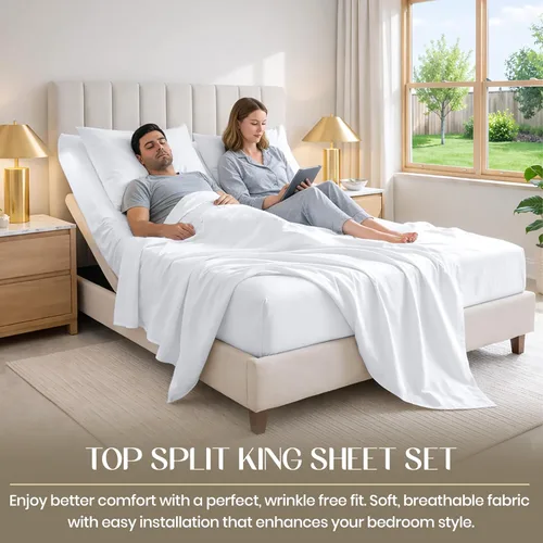 Vista 3 de SGI bedding Sábana Queen de 28" con Parte Superior Dividida Flex Head, 100% Algodón Egipcio, Cuenta de Hilos 1000, Sábana Superior Flex para Cama