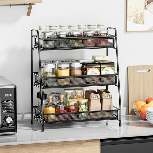 Vista 4 de EKNITEY Organizador de encimera de baño - Estante de especias de 3 niveles, estante de maquillaje de metal, pequeño organizador de perfume
