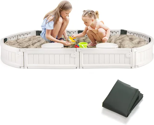 Vista 8 de Costzon Caja de arena redonda para niños con cubierta, pozo de arena de polietileno de alta densidad con asiento integrado desmontable y forro