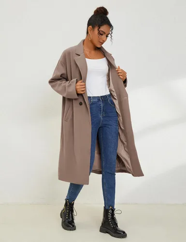Vista 6 de UANEO Abrigo de mezcla de lana para mujer, de gran tamaño, doble botonadura, gabardina larga, abrigo de invierno
