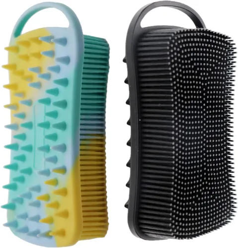 Vista 9 de Paquete de 2 exfoliantes corporales de silicona de doble cara para exfoliación, ducha y masaje del cuero cabelludo, cepillo 2 en 1 para baño