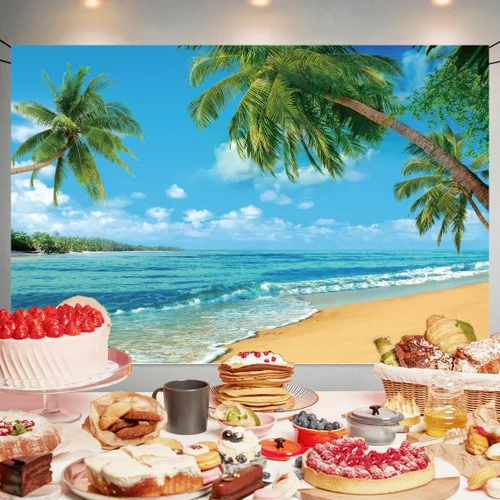Vista 3 de Fondo de playa Hawaii Ocean Wall Banner de fondo de fotografía junto al mar para el hogar al aire libre, fiesta de cumpleaños, suministros