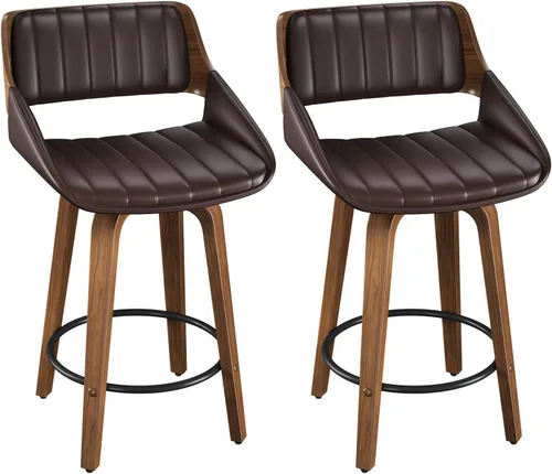Vista 10 de Juego de taburetes de bar de 1, taburetes de bar giratorios de 26" de altura de mostrador con respaldo y patas de madera curvada de nogal, sillas