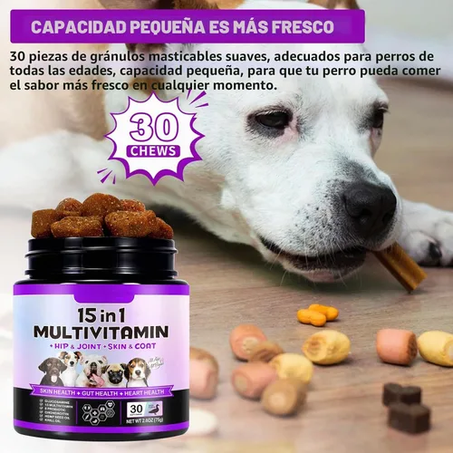 Vista 4 de Multivitamínico masticable para perros, vitaminas y suplementos diarios para perros, suplemento diario completo 15 en 1 con glucosamina
