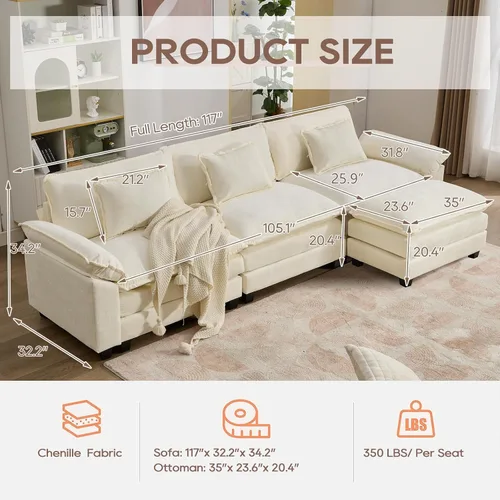 Vista 3 de IPKIG 117" Modular Sectional Cloud Couch, Modern L-Shaped Sofa with Ottoman Blanco beige