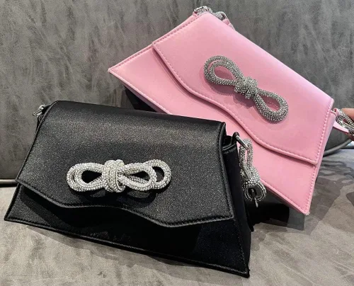 Vista 3 de Bolso de mano con diamantes de imitación de doble lazo para mujer, bolso de noche de lujo, bolso de mano pequeño para boda, viaje y fiesta