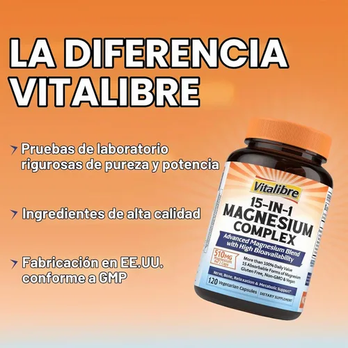 Vista 6 de Vitalibre Complejo de magnesio 15 en 1 de 510 mg para mujeres y hombres