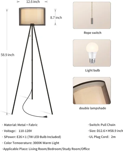 Vista 5 de KDG Lámpara de pie moderna, lámpara de trípode alta para sala de estar, dormitorio, oficina; pantalla de tela, bombilla LED, luz cálida (negro)