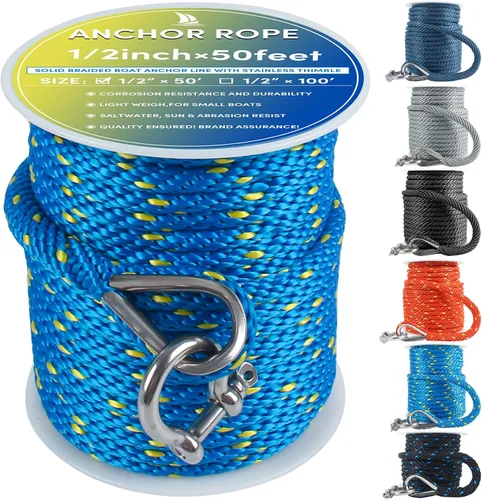 Vista 9 de Cuerda de anclaje premium de 50 pies x 1/2 pulgadas, línea de anclaje trenzada sólida MFP para barco con dedal y grillete - Negro