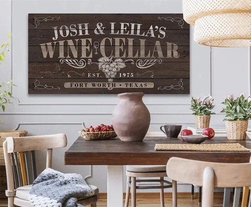 Vista 4 de Personalized Wine Cellar 12x24 Stretched Canvas Ready to Hang – Custom Wall Art with Name, Year, and Location, Rustic Wood Style Design for Home Bar