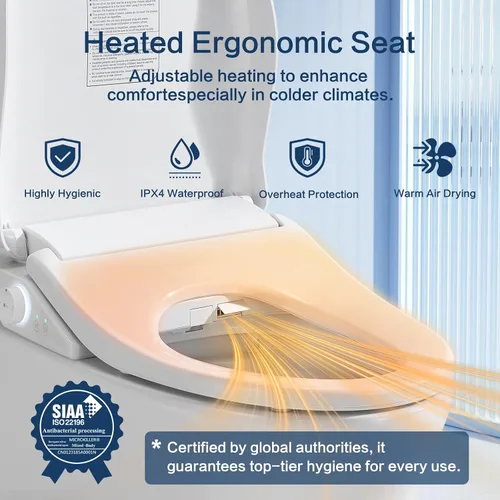 Vista 3 de Asiento de inodoro inteligente con control remoto, asiento con calefacción ajustable y secador de aire, agua caliente instantánea sin fin, múltiples