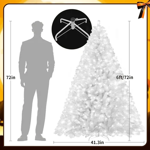 Vista 3 de Árbol de Navidad artificial preiluminado de 6 pies, color blanco 300 luces LED blancas, 726 puntas de PVC, soporte de metal, fácil montaje