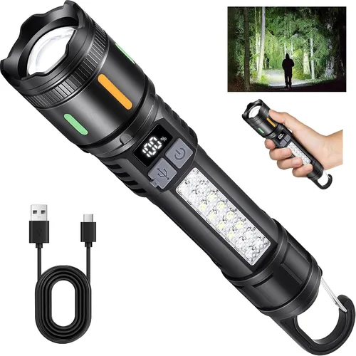 Vista 8 de Linternas LED recargables de alto lúmenes, linterna táctica súper brillante de 3000 lm con luz lateral de mazorca, 5 modos de luz, IPX6 impermeable