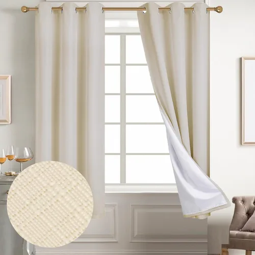 Vista 10 de Diraysid Cortinas 100% opacas de lino beige para dormitorio, con ojales, aislamiento térmico, cortinas de oscurecimiento de habitación