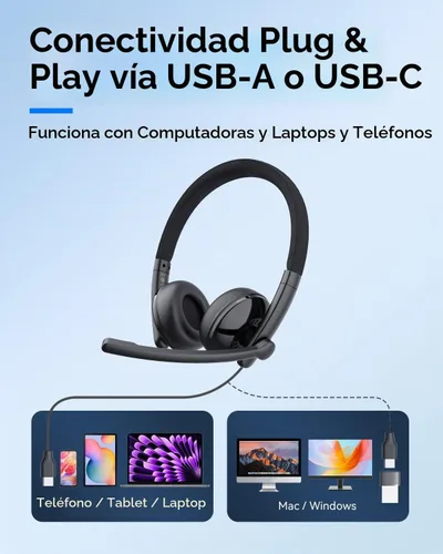 Vista 7 de EMEET Auriculares con cable HS50 con micrófono, auriculares de computadora con micrófono de cancelación de ruido, USB-A/USB-C, diseño ajustable