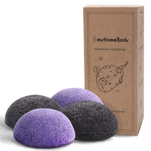 Vista 8 de myHomeBody Esponjas faciales naturales de Konjac - para una limpieza y exfoliación facial suave - con carbón activado y aloe vera, juego de 4
