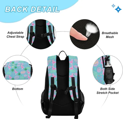 Vista 3 de Verano Flamingo Rosa Azul Mochila Para La Escuela Con Bolsa De Almuerzo Bolsa Con Lonchera Para Niñas 9-10 años Mochilas Y Loncheras Escuelas Para