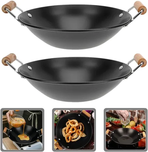 Vista 6 de HEMOTON Utensilios de cocina de metal Uso diario Wok Alimentos Doble Mango Olla Caliente Cocina Wok Olla Antiderrames