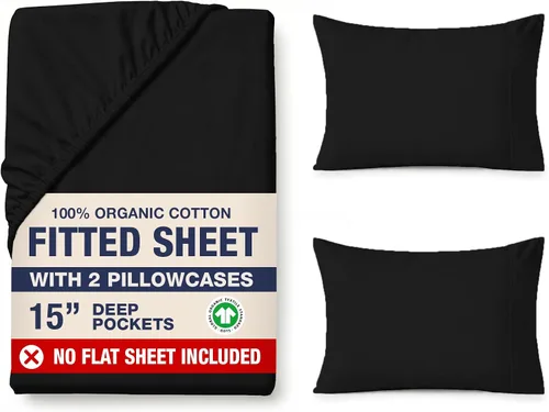 Vista 45 de LANE LINEN - Sábana bajera tamaño individual 100% algodón orgánico y 1 funda de almohada, tejido de percal suave, transpirable, apta para colchones